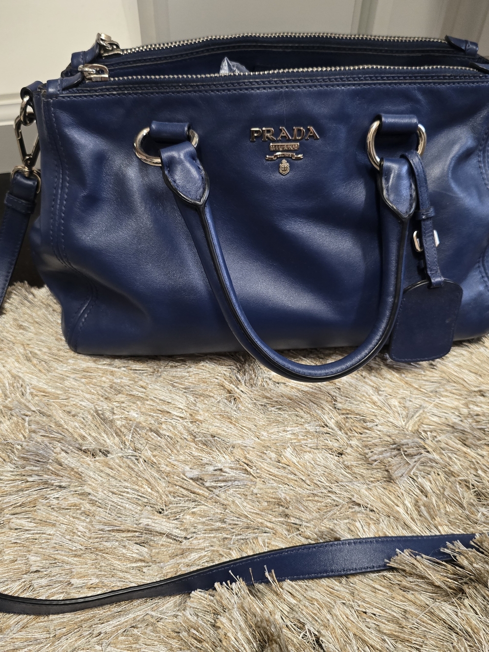 Prada Blue Leather Satchel with Gold Hardware